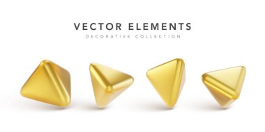 Beyaz arkaplanda gölgesi olan altın geometrik üç boyutlu nesneler. Gerçekçi metalik figür. Vektör illüstrasyonu.