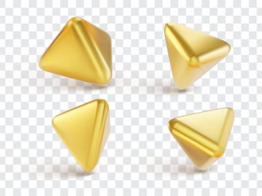 Altın geometrik üç boyutlu nesneler kümesi. Gerçekçi metalik figür. Vektör illüstrasyonu.