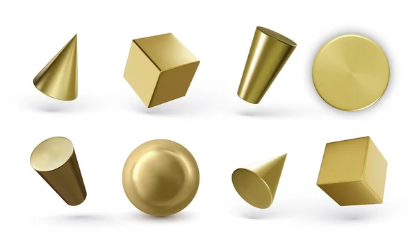Conjunto Cilindros Geométricos Dourados Isolados Sobre Fundo Branco Formas Geométricas — Vetor de Stock