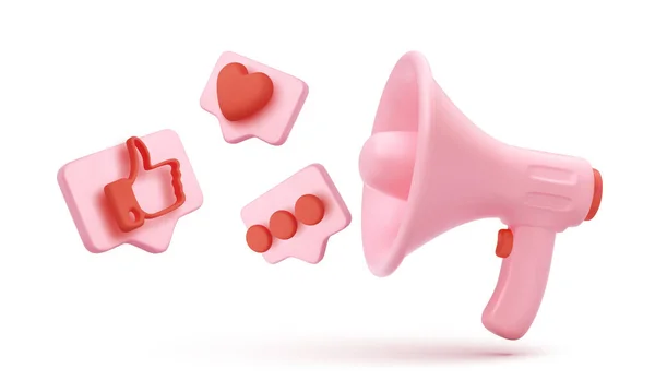 Beyaz arkaplanda izole edilmiş baloncuklu uçan simgelerle pembe megafon.