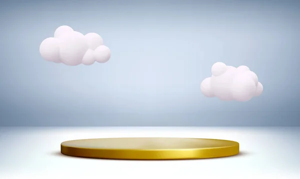 Golden Podium Realistic Clouds Scene Product Demonstration Vector Illustration — Stock Vector
