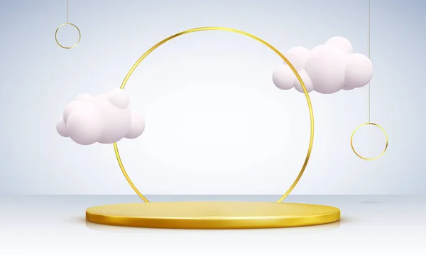 Podio Oro Decorado Con Nubes Escena Realista Pedestal Para Producto — Archivo Imágenes Vectoriales