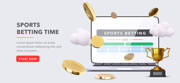 Online sports betting banner concept with lapotop, coins, clouds and a goblet in a 3d realistic style. Vector illustration