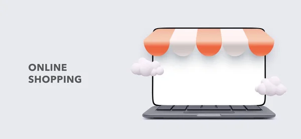 Gerçekçi ayrıntılı ekommerans konsepti pankartı ekran laptopu içerir. Bilgisayarındaki online mağaza kavramı. Vektör illüstrasyonu