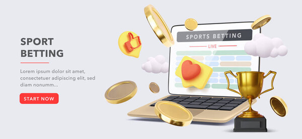 Online sports betting banner concept. Lapotop with coins and a goblet in a 3d realistic style. Vector illustration