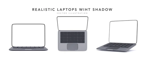 Zestaw Czarnych Realistycznych Laptopów Różnych Pozycjach Izolowanych Białym Tle Ilustracja — Wektor stockowy