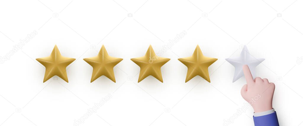 Five stars, glossy yellow and white. The concept of customer evaluation of customer feedback about an employee of a website. Realistic 3d star design for mobile applications. Vector illustration