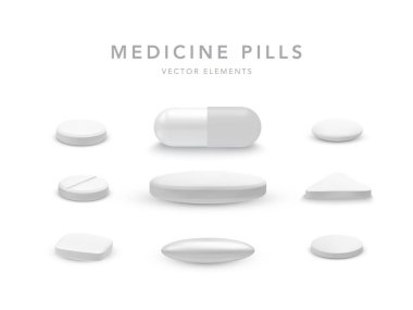 Oval, yuvarlak ve kapsül şekilli tablet koleksiyonu. İlaç ve uyuşturucu. Vektör illüstrasyonu.