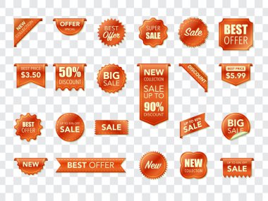 Beyaz arkaplandaki etiketler izole edilmiş. En iyi 3 boyutlu kurdele pankartları. Satış promosyonu, web sitesi çıkartmaları, yeni teklif rozeti koleksiyonu. Vektör illüstrasyonu