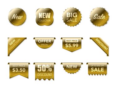 Beyaz arkaplandaki etiketler izole edilmiş. En iyi 3 boyutlu kurdele pankartları. Satış promosyonu, web sitesi çıkartmaları, yeni teklif rozeti koleksiyonu. Vektör illüstrasyonu