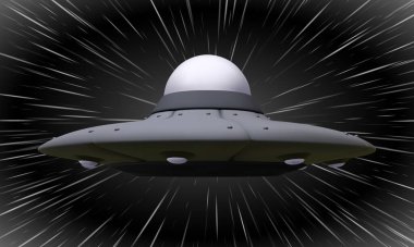 UFO. Tanımlanamayan uçan cisim. Uzay hızı arka planında gelecekteki UFO 'lar. Vektör illüstrasyonu.
