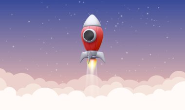 3D roket uzaya uçuyor. Vektör illüstrasyonu