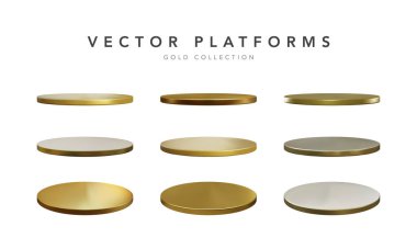 Bir dizi gerçekçi altın sahne podyumu. Yuvarlak şampiyon kaidesi. Vektör okuma yazması.