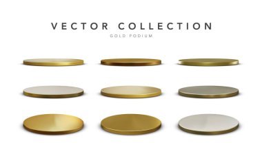 Gerçekçi altın sahne podyumu. Yuvarlak şampiyon kaidesi. 3D boş platform. Vektör okuma yazması.