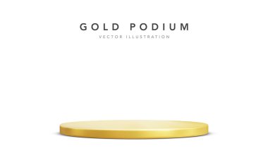 Gerçekçi altın sahne podyumu. Yuvarlak şampiyon kaidesi. 3D boş platform. Vektör okuma yazması.