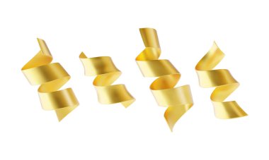 Beyaz arka planda izole edilmiş altın serpantin kurdele koleksiyonu.