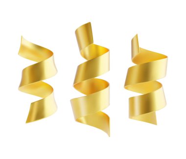 Beyaz arka planda izole edilmiş bir dizi altın serpantin kurdele. Karnaval için dekorasyon, Noel partisi, doğum günü kutlaması, sevgililer günü. Vektör illüstrasyonu.