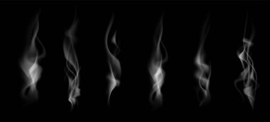 Siyah arka planda izole edilmiş gerçekçi duman kümesi. Vektör illüstrasyonu