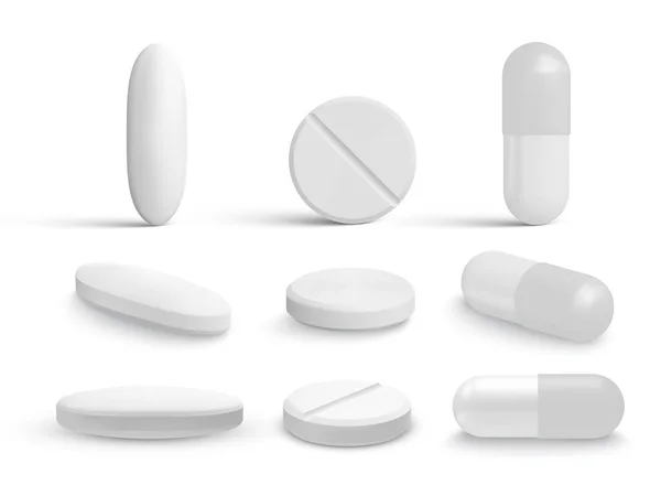 Oval, yuvarlak ve kapsül şekilli tablet koleksiyonu. İlaç ve uyuşturucu. Vektör illüstrasyonu.