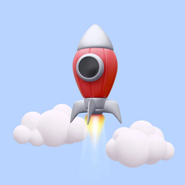 3D现实火箭在云中飞行 矢量说明 — 图库矢量图片