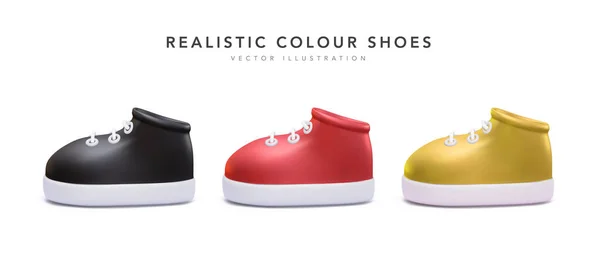 Uppsättning Realistiska Sneakers Olika Färger Isolerad Vit Bakgrund Vektorillustration — Stock vektor