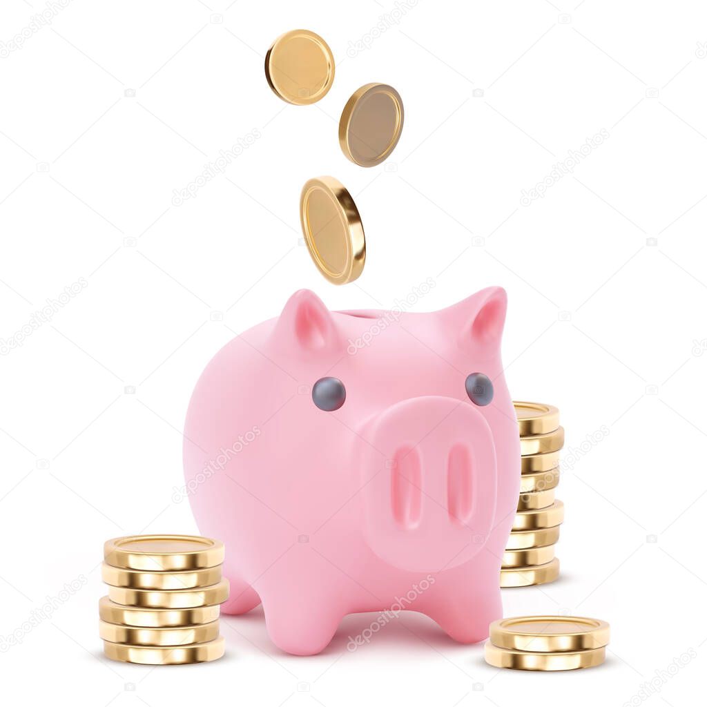 Realistic pink piggy bank pig isolated on white background. Piggy bank with coins, financial savings and banking economy, long-term deposit investment. Vector illustration