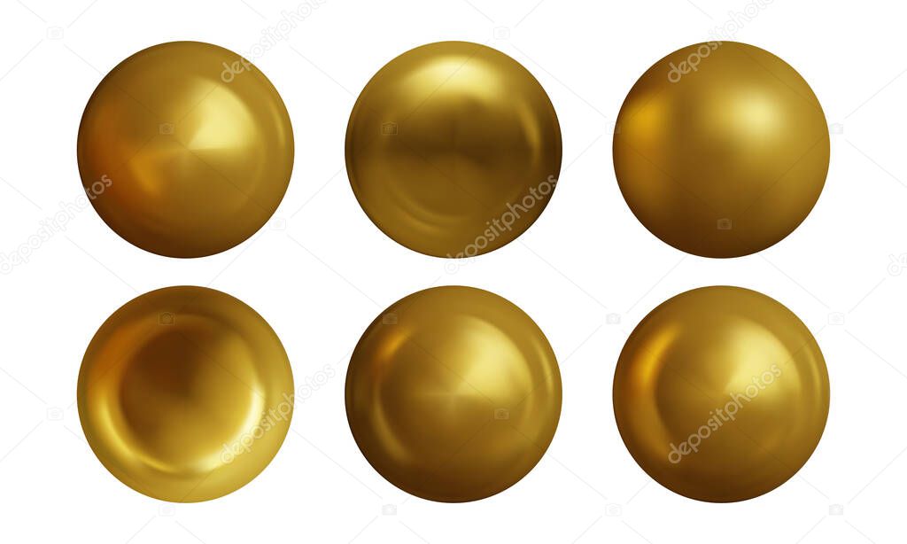 Set of gold sphere isolated on white background. Collection of golden bubble. Vector illustration.