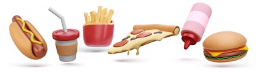 3D hazır yemek öğeleri simgesi seti. Pizza dilimi, burger, patates kızartması, kahve fincanı, sosisli sandviç, ketçap şişesi beyaz arka planda. Vektör illüstrasyonu