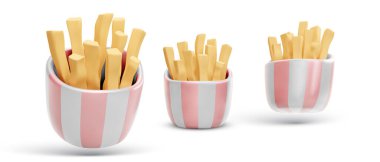 Üç boyutlu gerçekçi patates kızartması paketi beyaz arka planda izole edilmiş farklı pozisyonda. Vektör illüstrasyonu