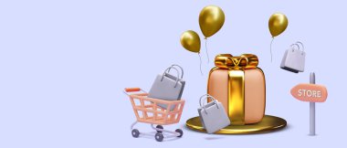 Platformda 3D hediye ve alışveriş çantalı el arabası ile alışveriş promosyonu afişi. Vektör illüstrasyonu