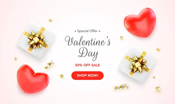 Valentinstag Grußkarte Mit Roten Herzen Geschenken Und Schleifen Vektorillustration — Stockvektor
