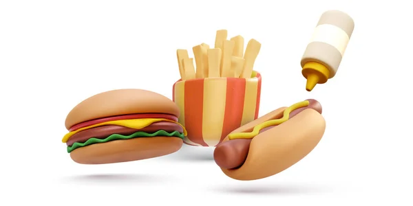 Hamburger Frais Savoureux Hotdog Frites Isolées Sur Fond Blanc Illustration — Image vectorielle
