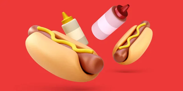Fast Food Banner Mit Fliegenden Hotdogs Mit Ketchup Und Senf — Stockvektor