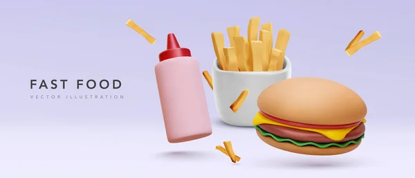 Fast Food Afişi Boyutlu Burger Arka Planda Izole Edilmiş Patates — Stok Vektör
