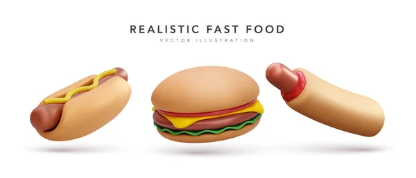 Uçan Burger Seti Beyaz Arka Planda Izole Edilmiş Sosisli Sandviç — Stok Vektör