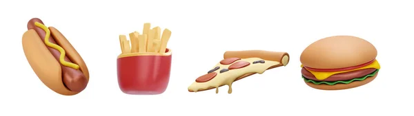 Zestaw Ikon Realistycznych Elementów Fast Food Kawałek Pizzy Hamburger Frytki — Wektor stockowy