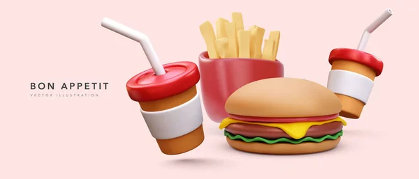 Realista Banner Fast Food Com Batatas Fritas Hambúrguer Ilustrador Vetorial — Vetor de Stock