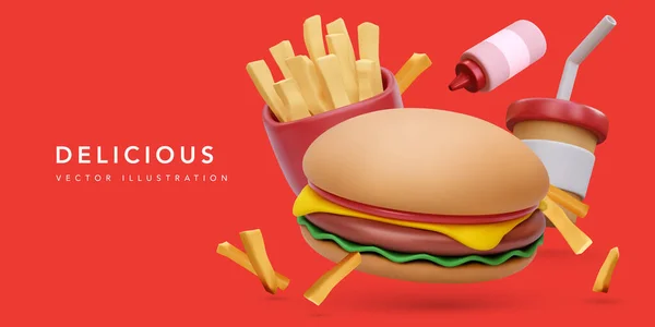 Gerçekçi Burger Kahve Fincanı Patates Kızartması Kırmızı Arka Planda Ketçap — Stok Vektör