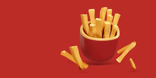 Fast Food Banner Realistyczne Frytki Ziemniak Czerwonym Opakowaniu Ilustracja Wektora — Wektor stockowy