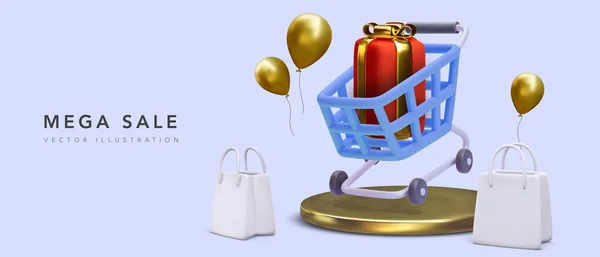 Mega Sale Promotion Banner Cart Gift Platform Shopping Bags Balloons — Stock Vector