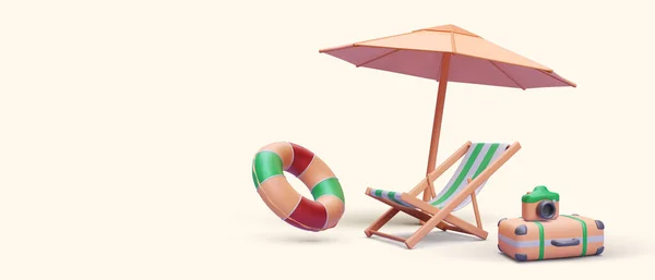 Realistický Deštník Plážové Křeslo Kufr Kamera Záchranná Bóje Vektorová Ilustrace — Stockový vektor