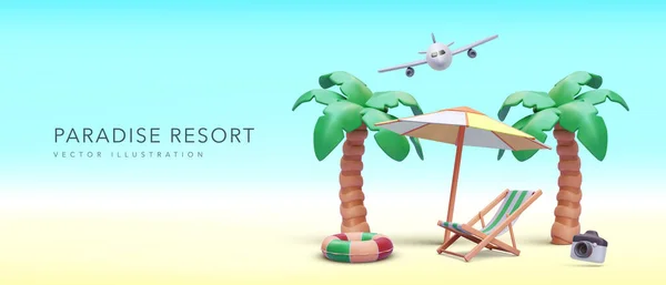 Paradise Resort Konzept Banner Realistischem Stil Mit Palmen Sonnenschirm Stuhl — Stockvektor