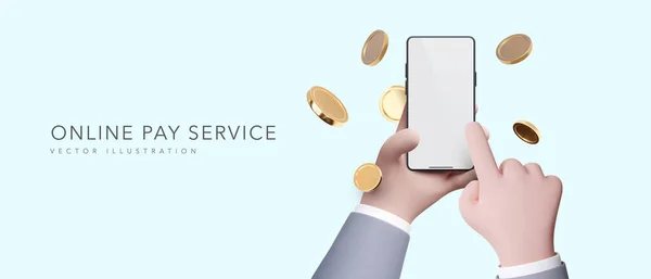 Çevrimiçi ödemeli servis afişi, elinde telefon ve boş ekran ve uçan paralarla gerçekçi bir tarzda. Vektör illüstrasyonu