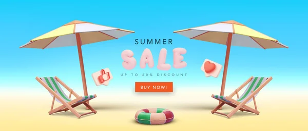 Διαφημιστικό Πανό Καλοκαιρινής Πώλησης Ρεαλιστικό Στυλ Ομπρέλα Παραλίας Καρέκλα Παραλίας — Διανυσματικό Αρχείο