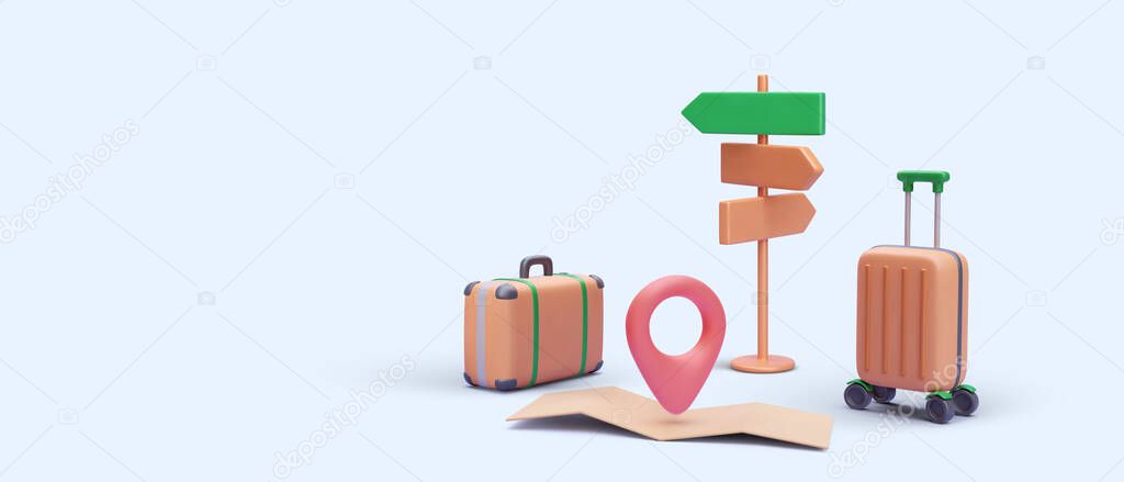 Travel banner in 3d style with suitcase, valise, pointer, map. Vector illustration