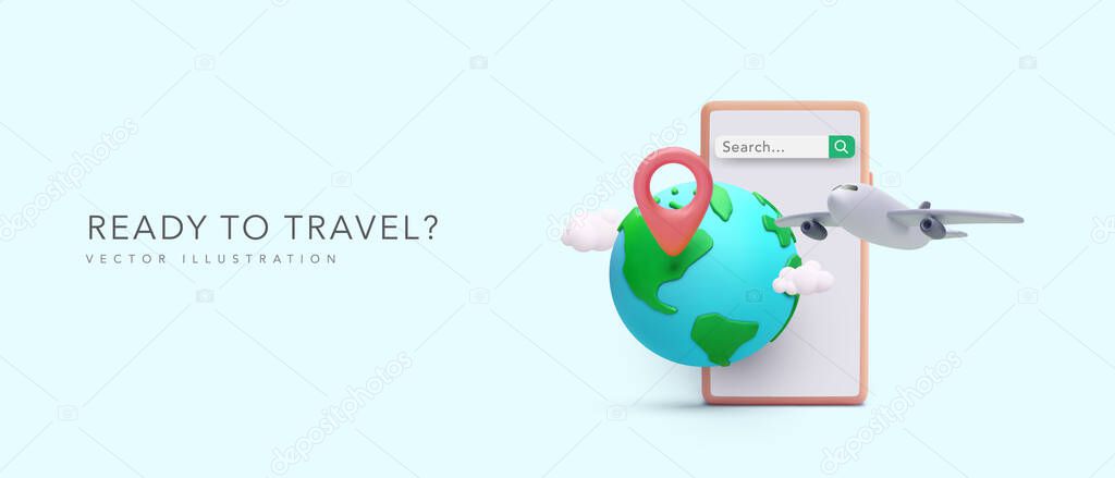 Travel concept banner in realistic style with phone, planet, pointer, plain, clouds. Vector illustration
