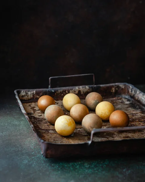 포도로 금속판에 부활절 달걀을 염색하고 카드를 보내고 공간을 로열티 프리 스톡 사진