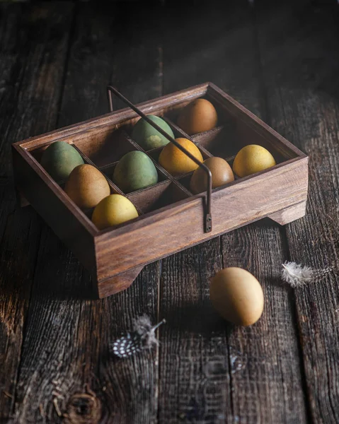 Naturally Dyed Eggs Easter Vintage Metal Tray Festive Greeting Card Stock Photo