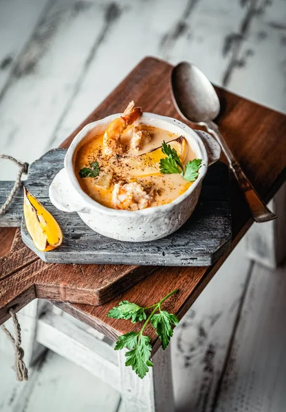 Close Soup Shrimp Lemon Slice Parsley Stock Image