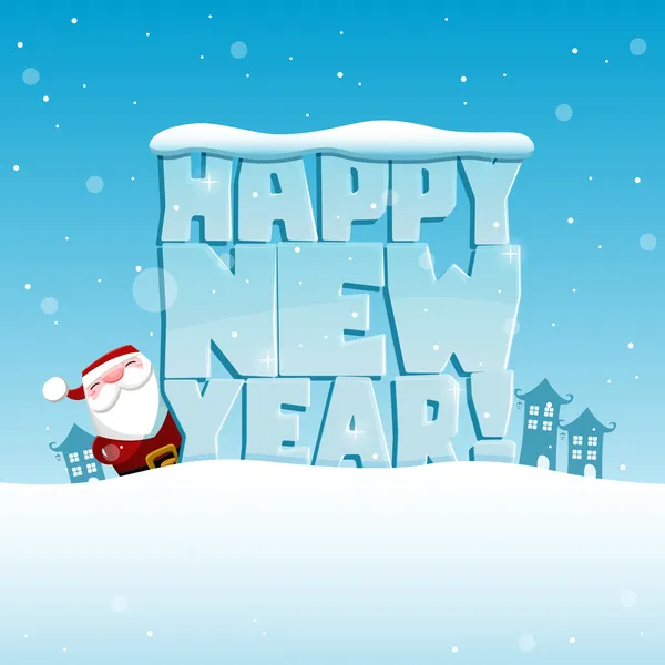 Kerstmis landschap met santa claus en ijzige woorden "happy new year! — Stockvector